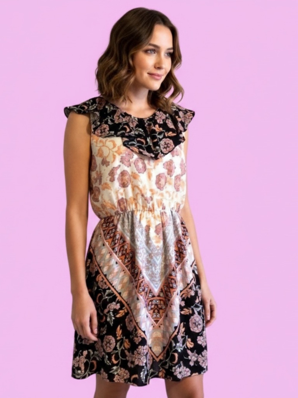 Takara floral dress back tie size medium v neck ruffle front and back pink blue